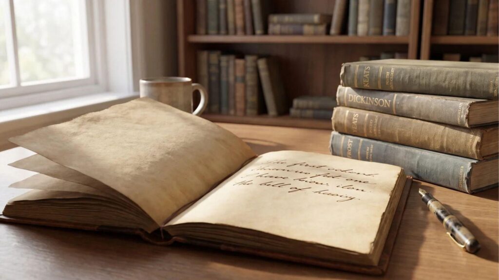 Open poetry notebook beside classic poetry books on a writing desk.