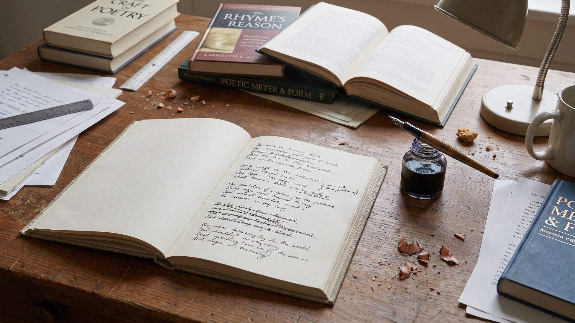 Poetry notebook and books arranged on a writing desk.