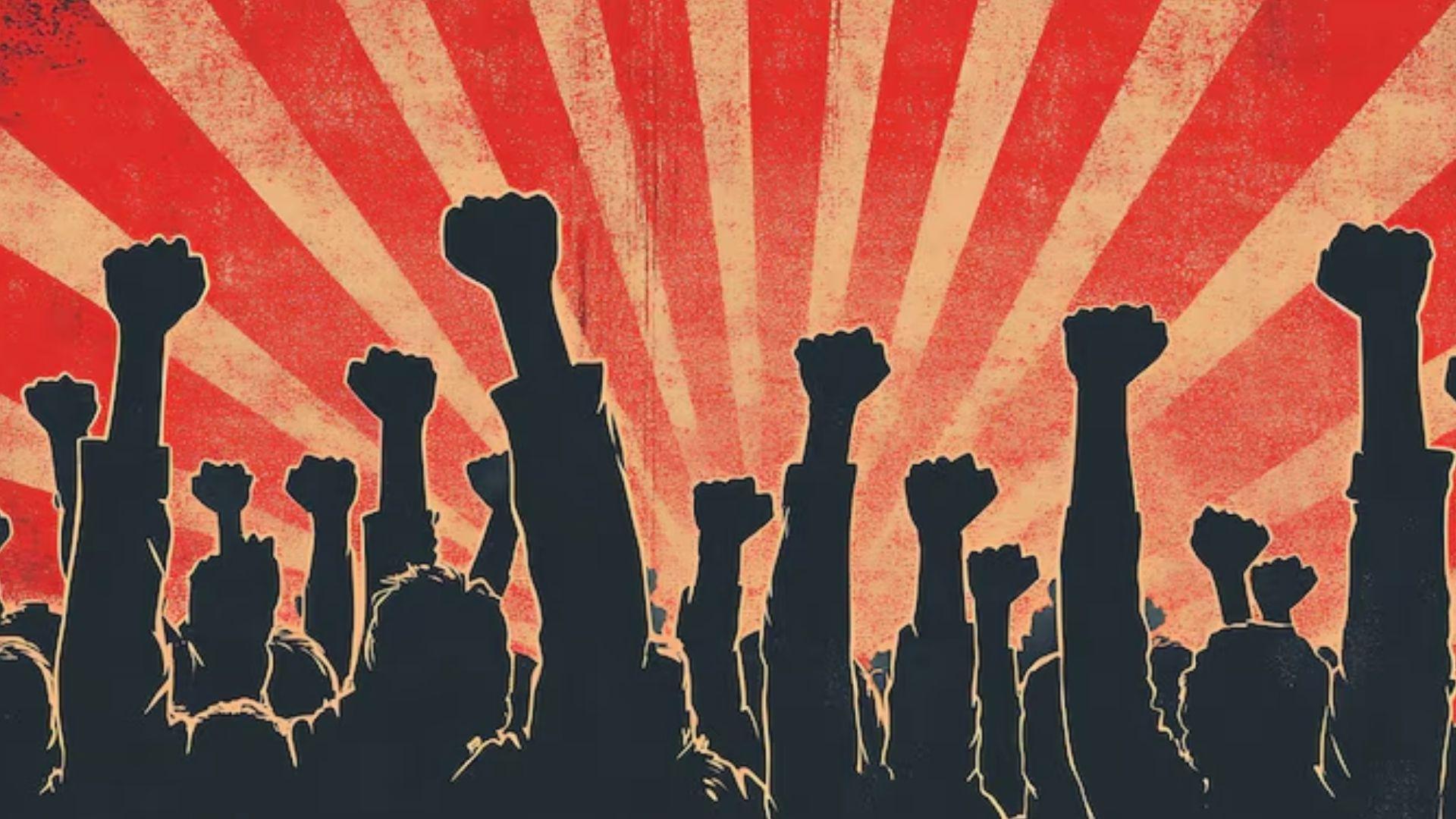 Illustration of a crowd raising clenched fists against a red and cream background