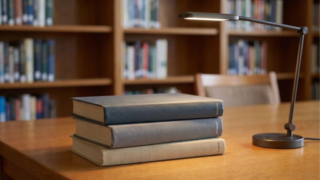Three fiction books stacked on a library table beside a reading lamp.