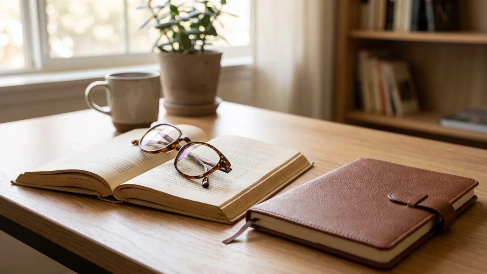 Open novel with notebook and reading glasses on a desk.