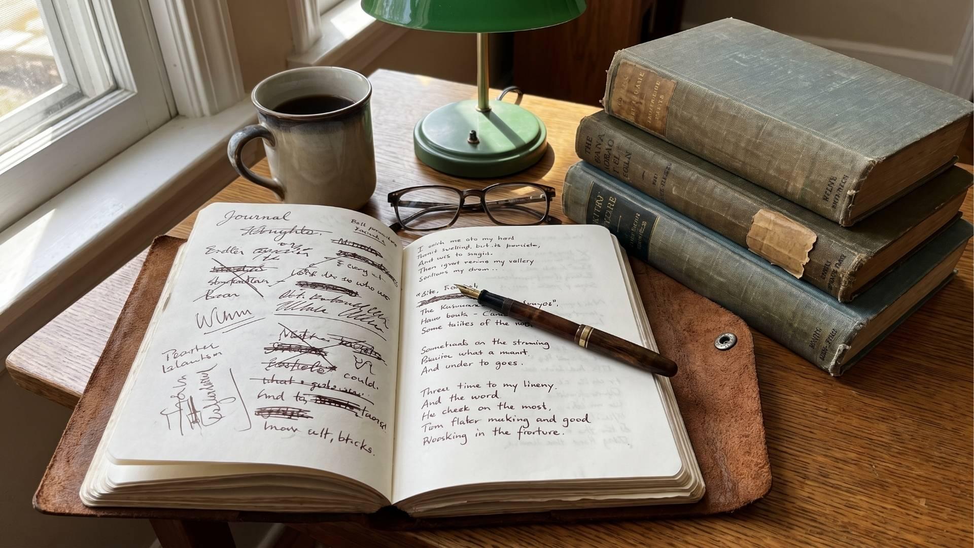 Poetry notebook and books on a writer's desk.