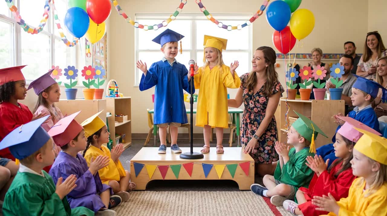 Preschool children reciting poems together during a cheerful graduation ceremony.