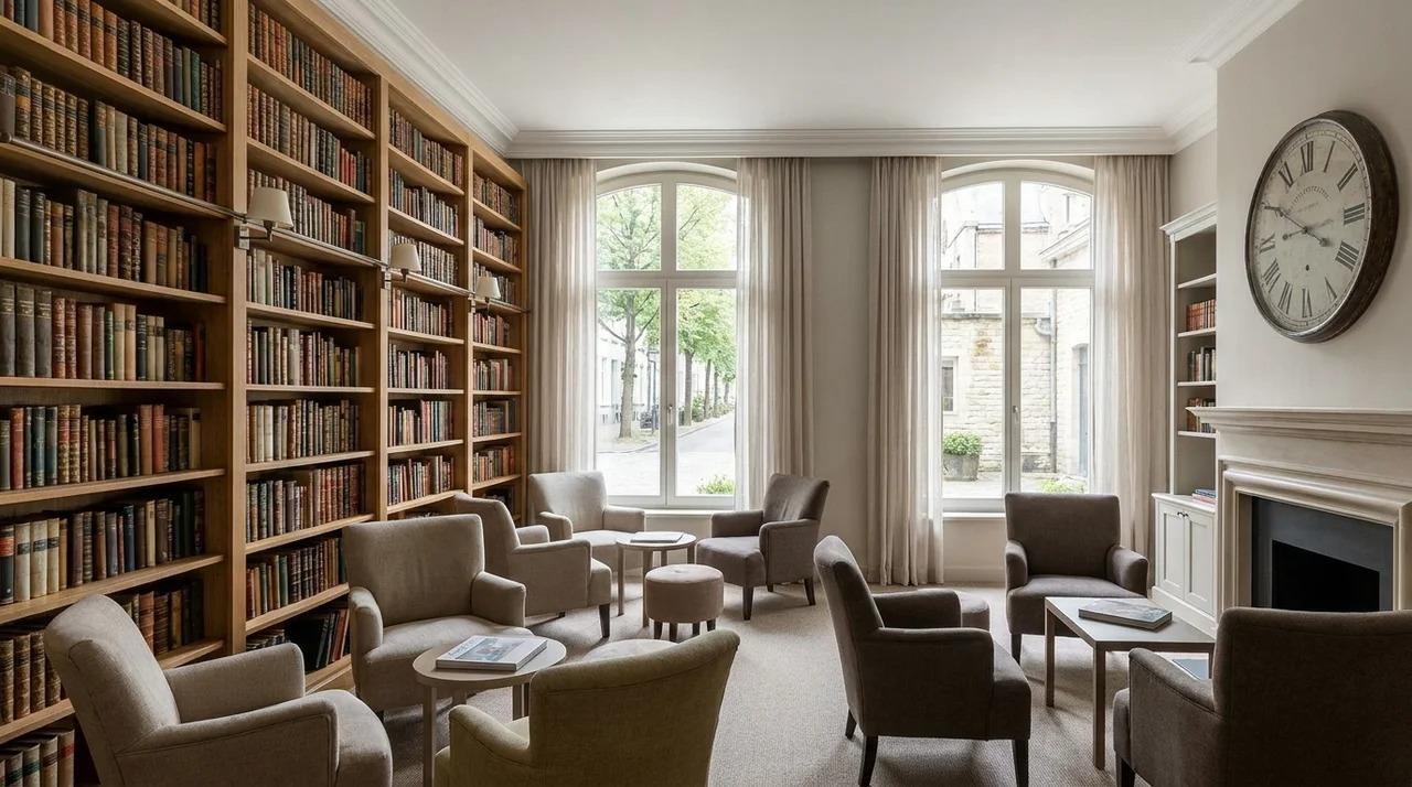 Reading room with bookshelves, armchairs, windows, and wall clock.