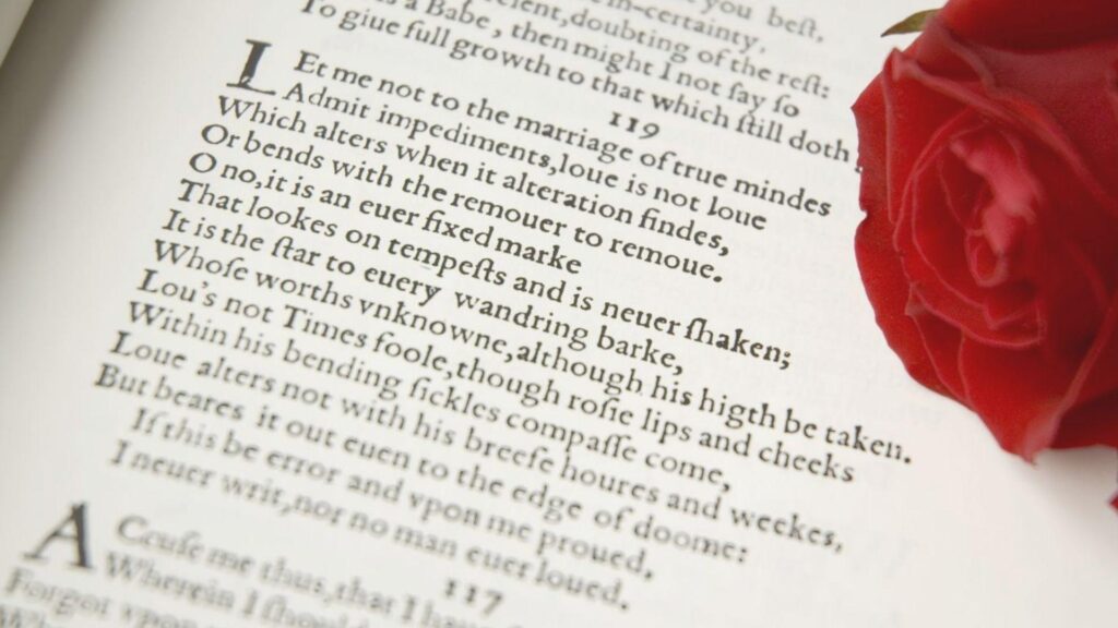 Printed poetry page featuring Sonnet 116 beside a red rose.