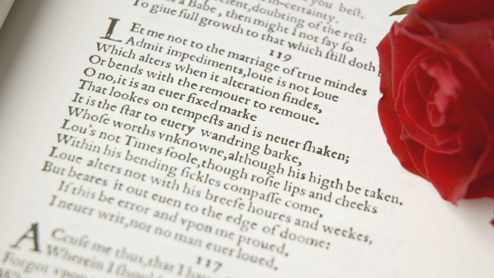 Printed poetry page featuring Sonnet 116 beside a red rose.