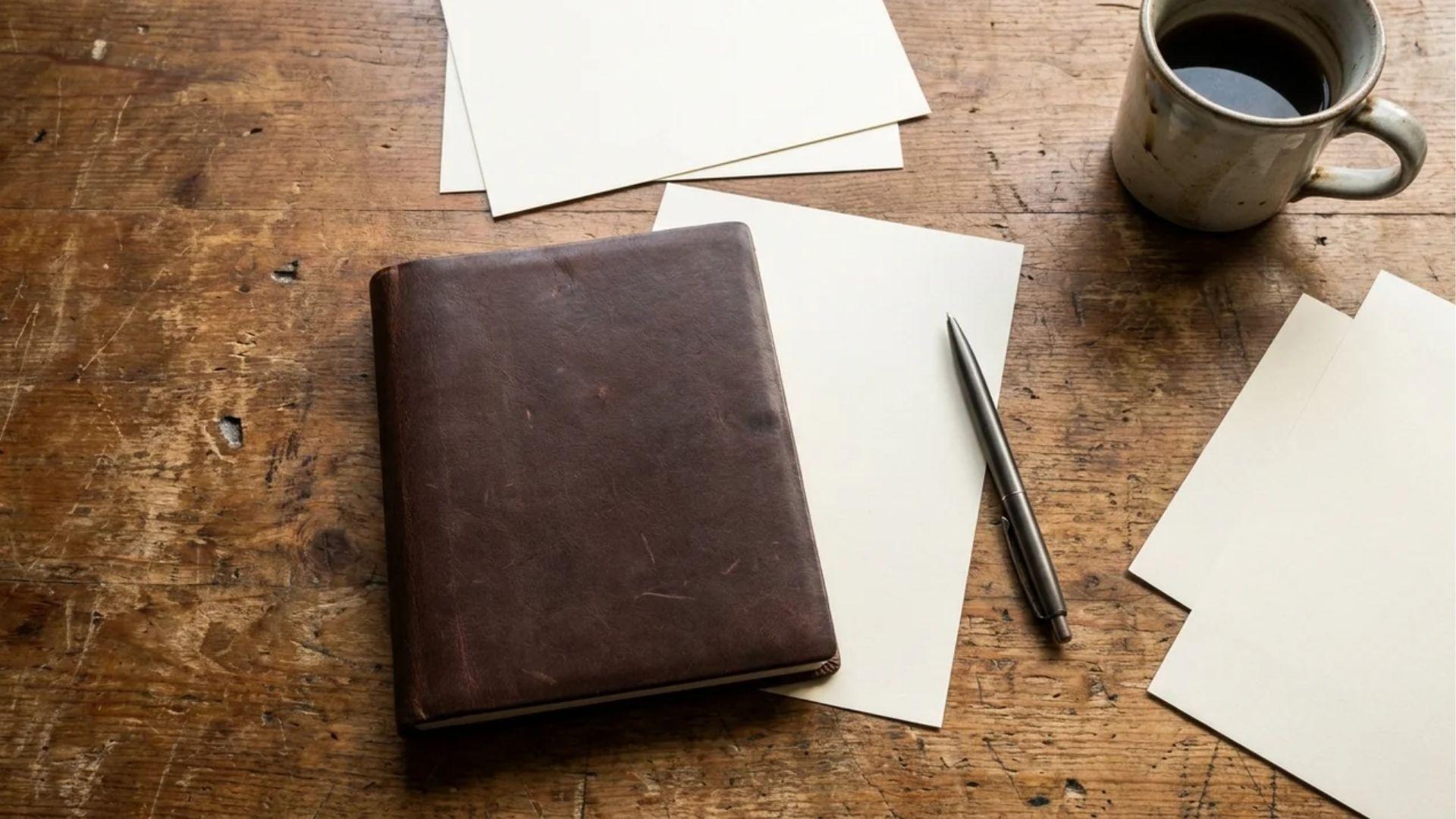 Notebook and blank papers arranged across a desk.