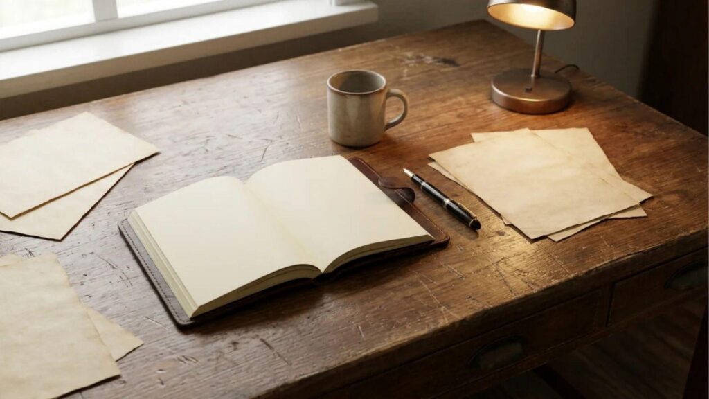 Open notebook and writing materials arranged on a wooden desk.