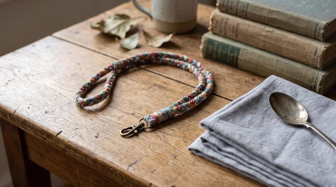 Braided lanyard beside household items associated with care and support.
