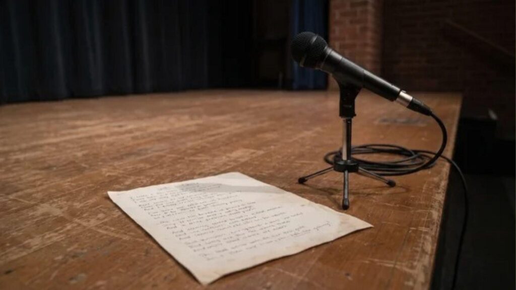Spoken word poem script on paper beside a microphone on a small stage