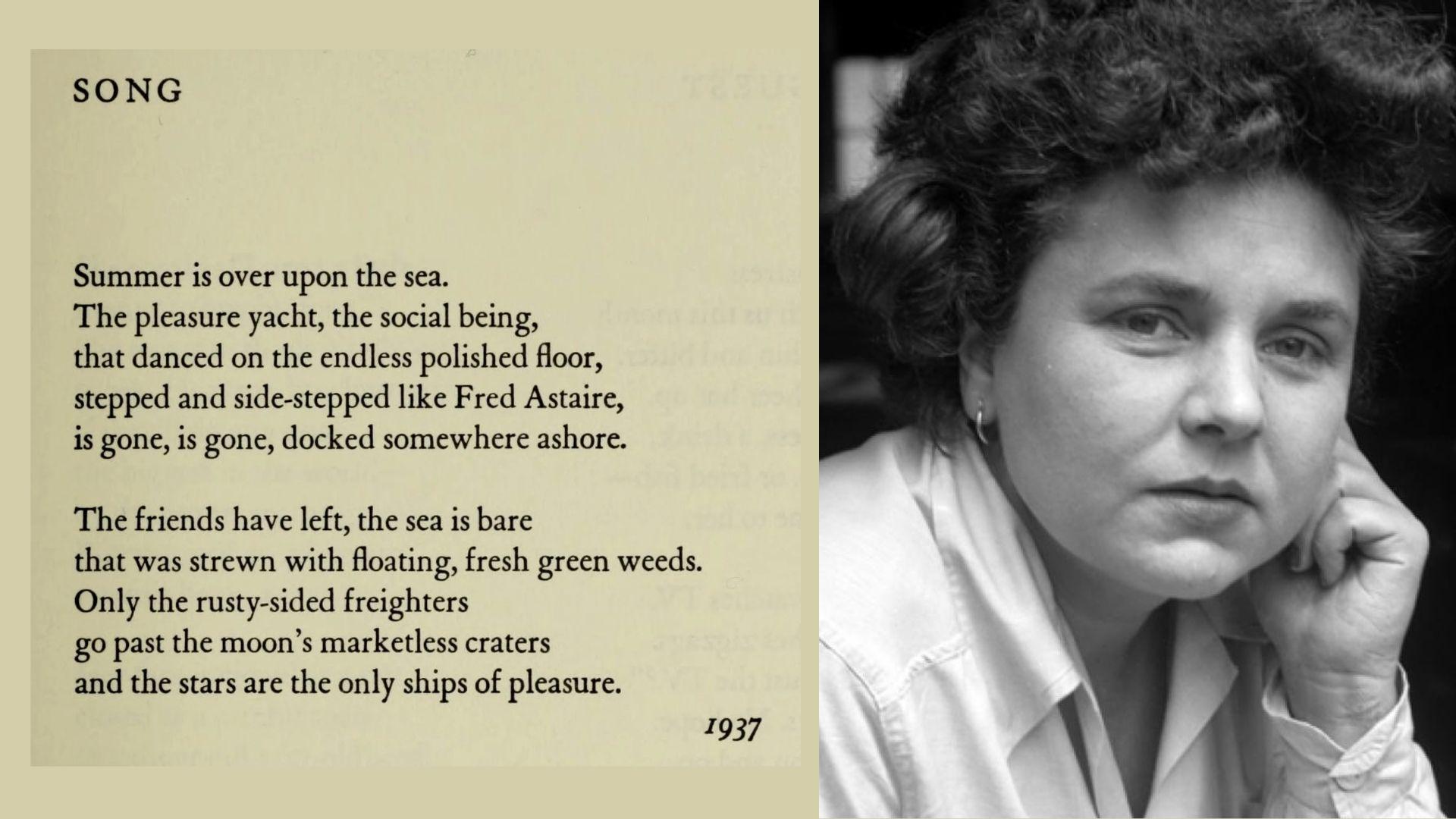 Elizabeth Bishop portrait beside a printed page of Summer Is Over Upon the Sea