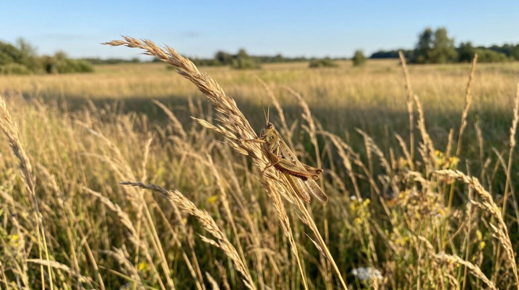 Grasshopper resting on tall grass in a summer afternoon setting