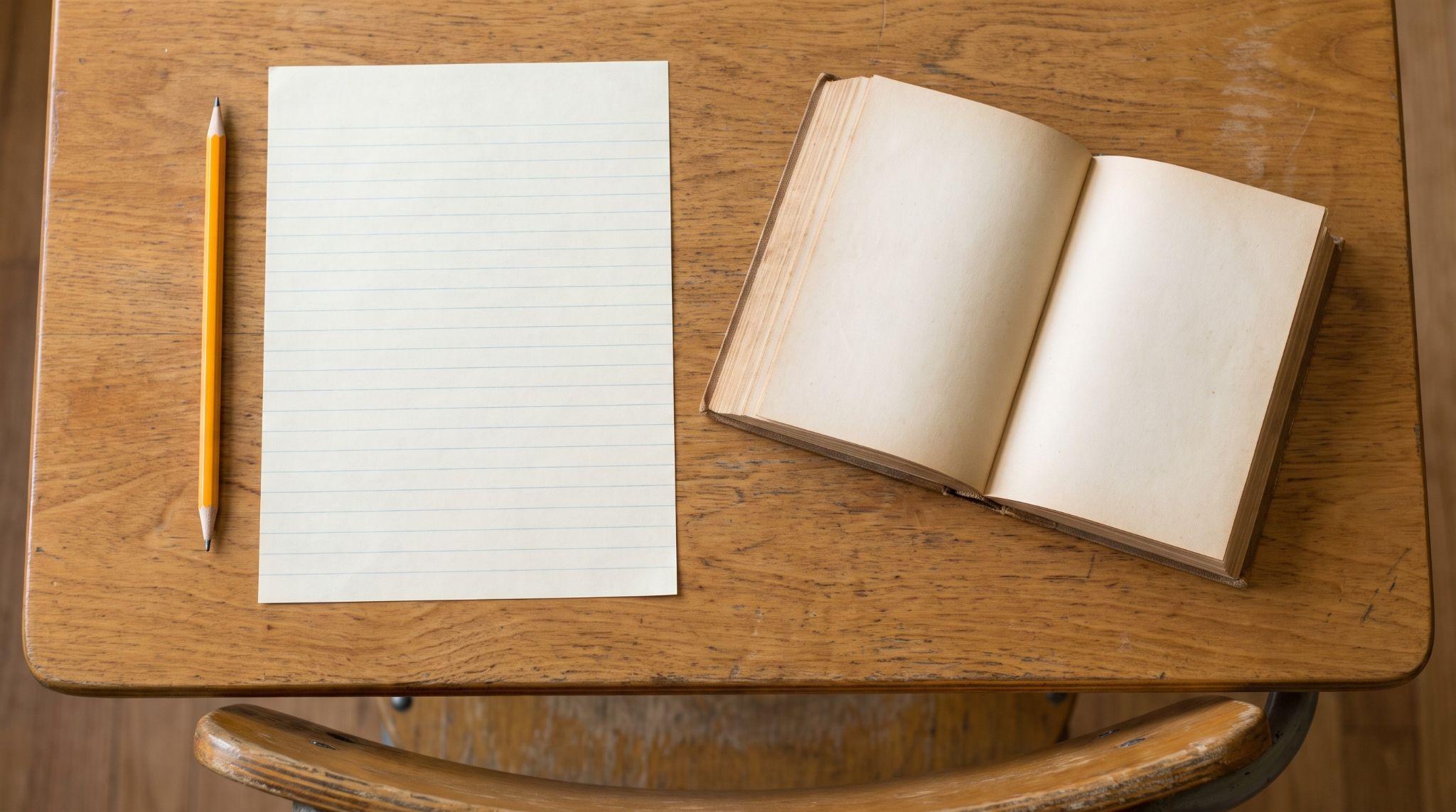 Pencil, blank paper, and open book on a classroom desk