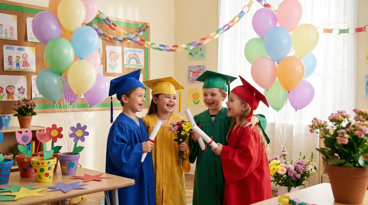 Preschool children celebrating graduation in caps and gowns during a cheerful school ceremony.