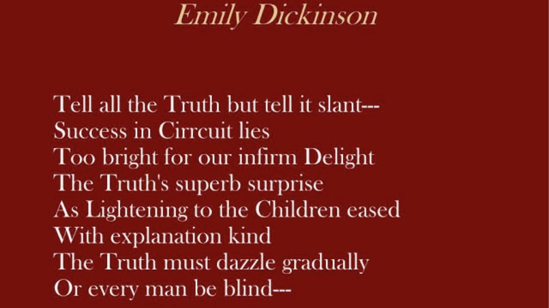 Emily Dickinson’s “Tell All the Truth but Tell It Slant” poem on a red background