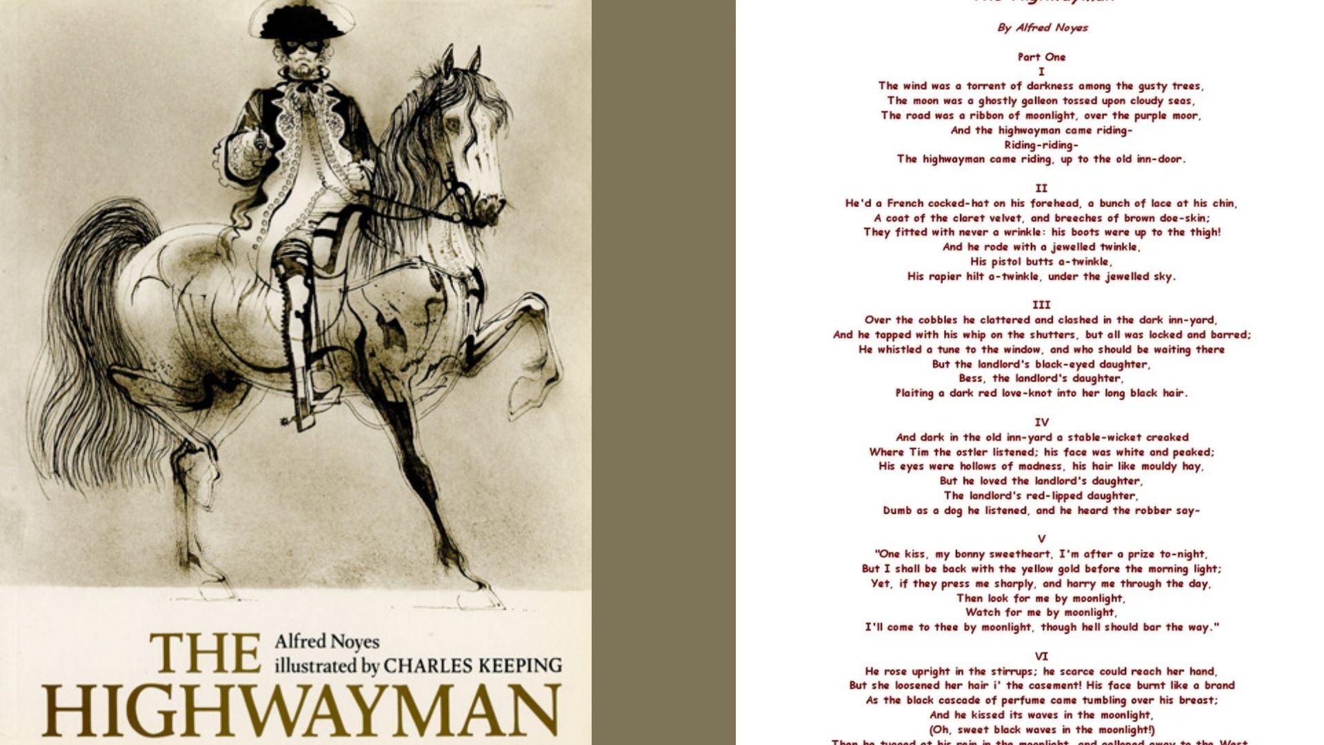 Vintage ink illustration of a masked highwayman on a rearing horse holding a pistol, with text "THE HIGHWAYMAN Alfred Noyes illustrated by CHARLES KEEPING" and stanzas of Part One of the poem on the right
