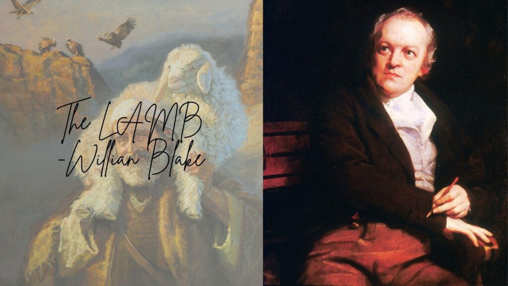Painting of a lamb with birds beside a portrait of William Blake