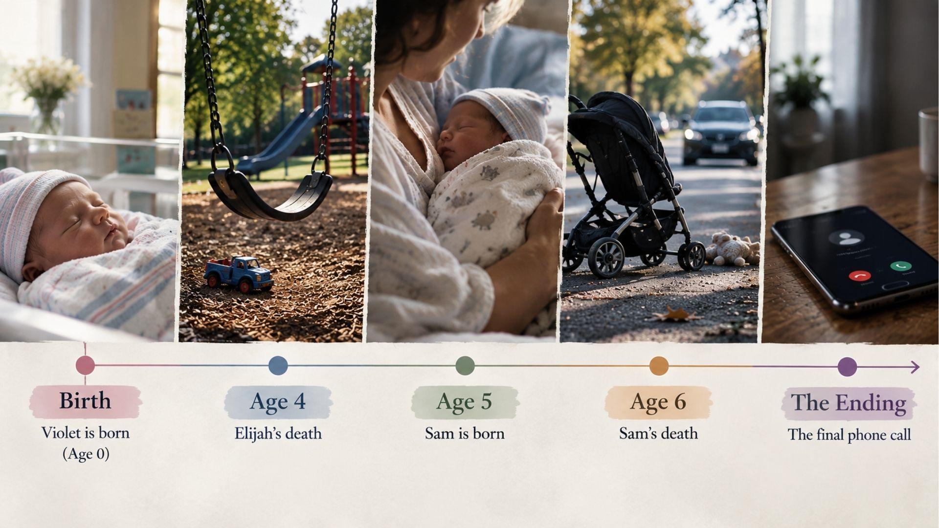 Timeline of The Push showing Violet’s birth, Elijah’s death, Sam’s birth, Sam’s death, and final phone call