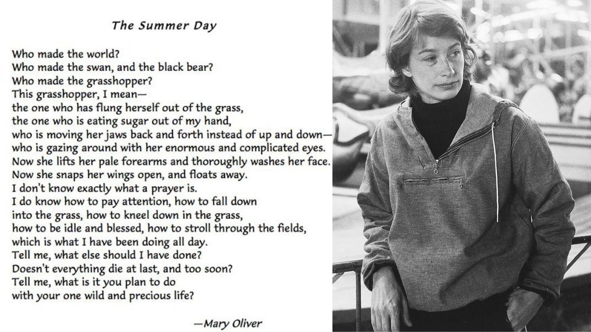 Mary Oliver portrait beside a printed page of The Summer Day