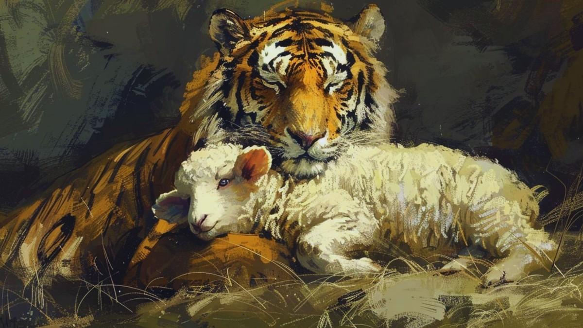 Illustration of a tiger resting beside a lamb in a grassy setting