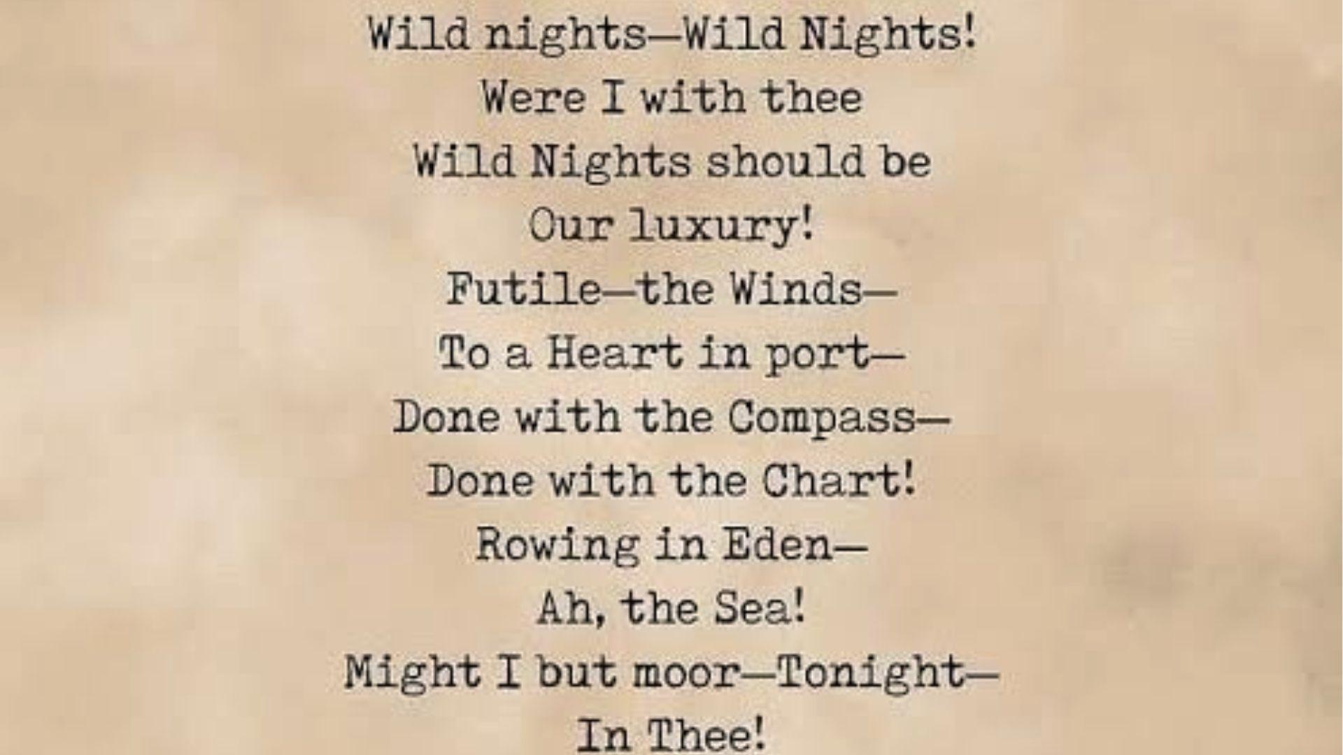 “Wild Nights-Wild Nights!” poem text by Emily Dickinson on a vintage page