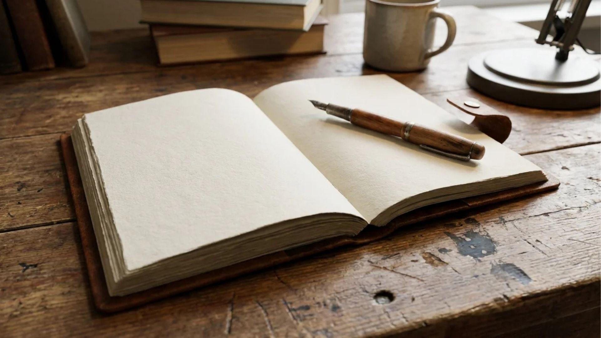 Open notebook with a pen resting across blank pages.