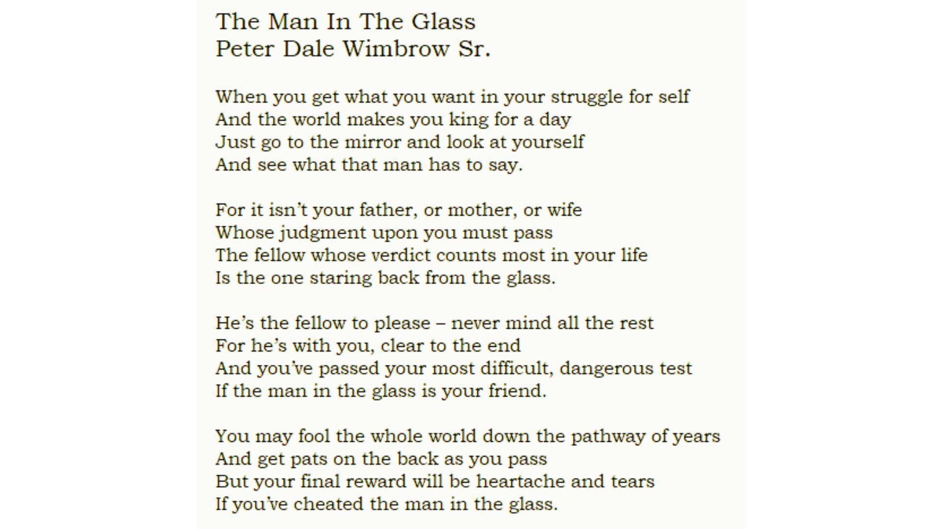 “The Man in the Glass” poem by Peter Dale Wimbrow Sr. shown on a page