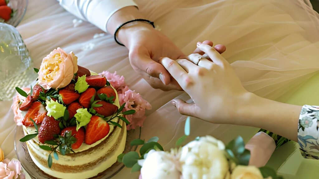 Hands holding over strawberry anniversary cake with flowers.