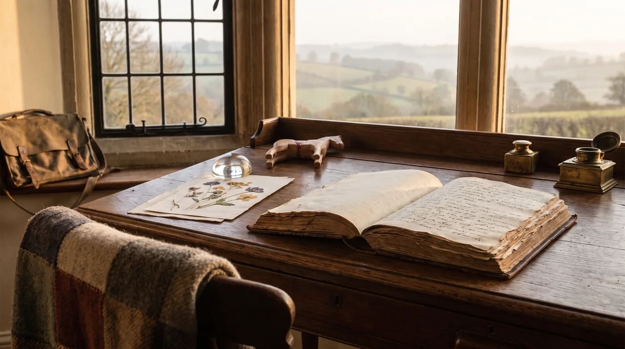 An old poetry book and childhood keepsakes beside a window overlooking a peaceful countryside.