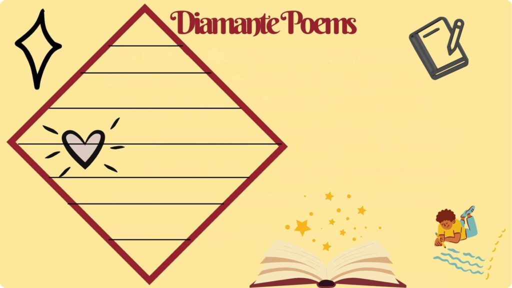 Diamante Poems template with red diamond outline, lines, heart icon, book.