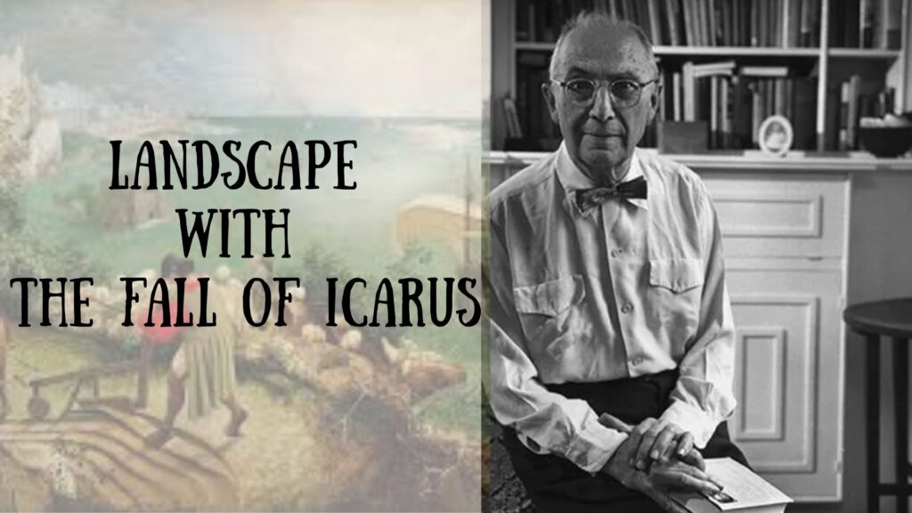 "LANDSCAPE WITH THE FALL OF ICARUS" over Bruegel painting beside black-and-white portrait of poet in bow tie with bookshelf File name:landscape-with-the-fall-of-icarus-william-carlos-williams-poem