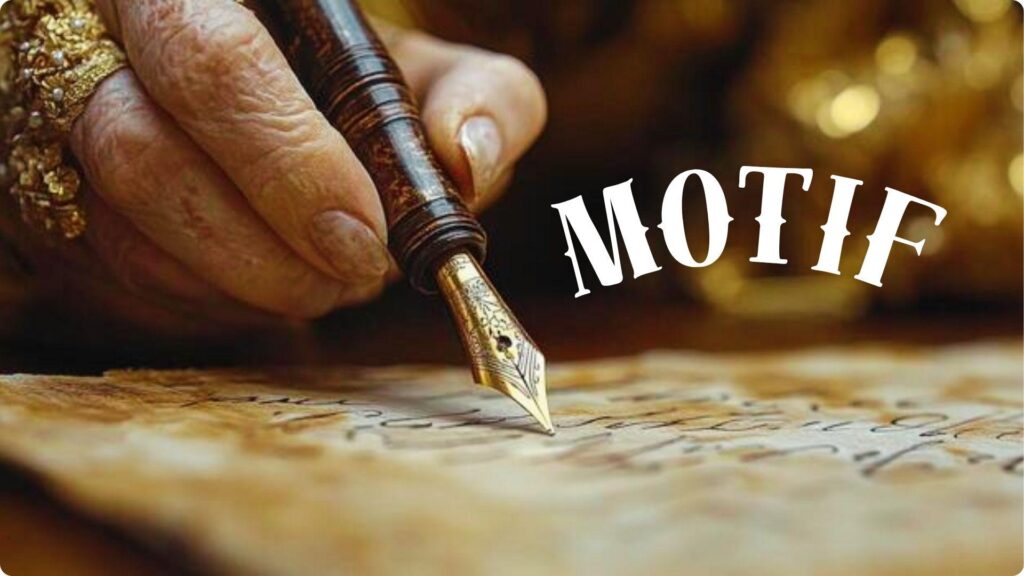Hand with gold ring writing with ornate fountain pen and white MOTIF text.File name: motif-in-literature