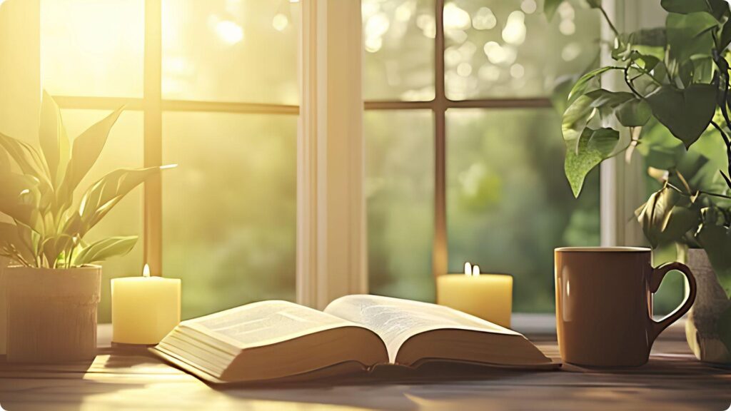 Open book on a wooden table beside a sunlit window.File Name:dh-lawrence-poems-open-book