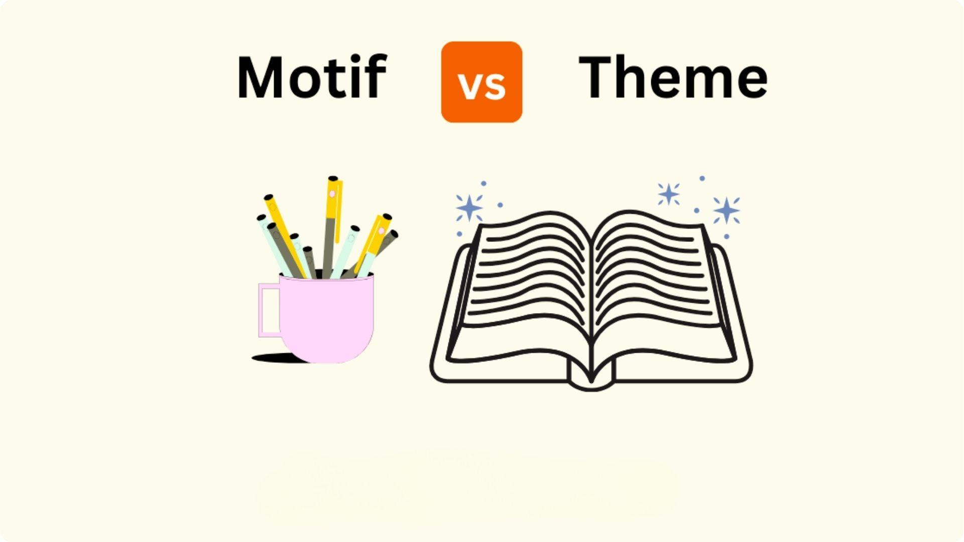 Minimal graphic titled Motif vs Theme with open book. File name: motif-vs-theme