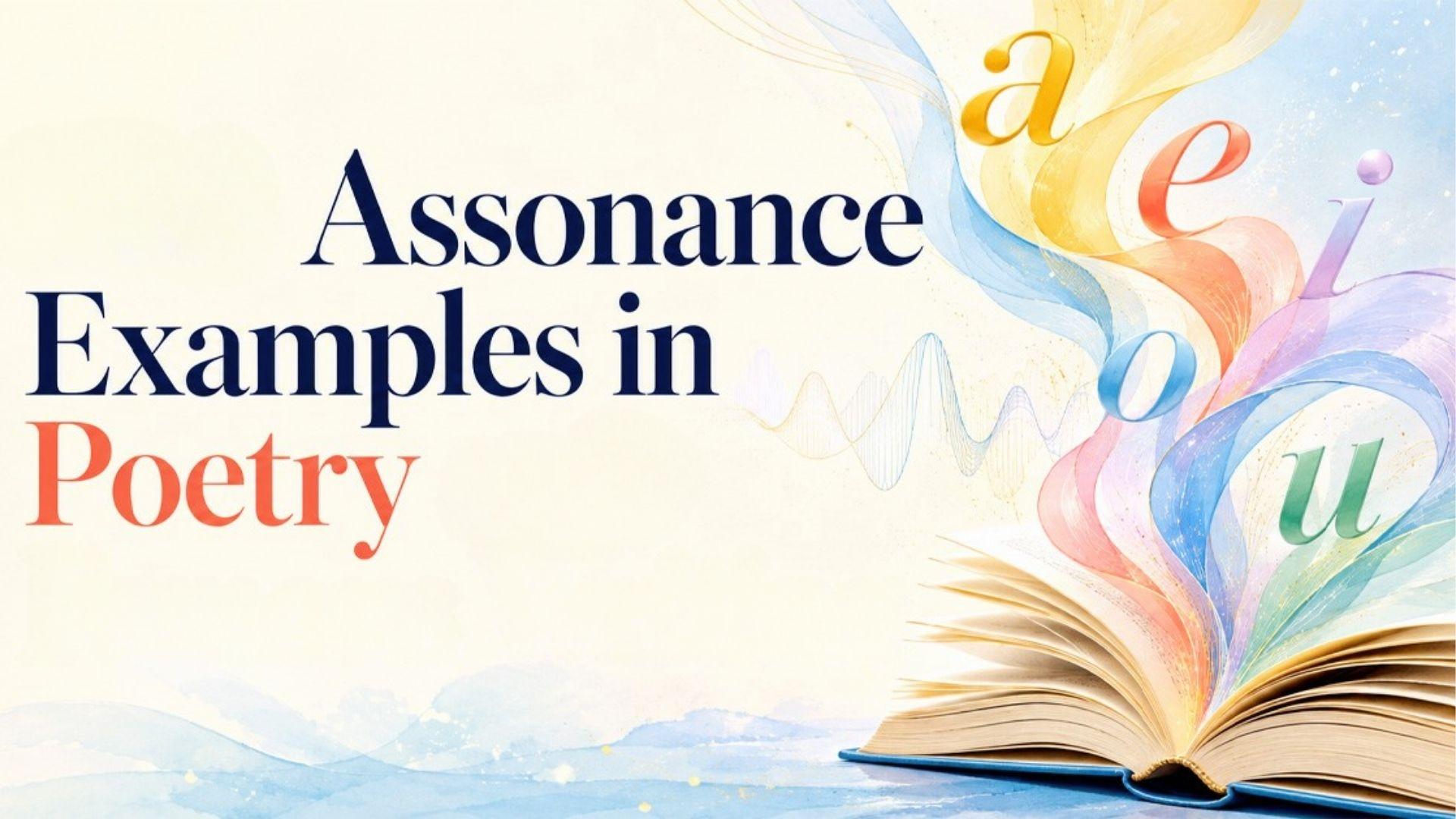 Open book beside text: Assonance Examples in Poetry. File name: examples-of-assonance-in-poetry