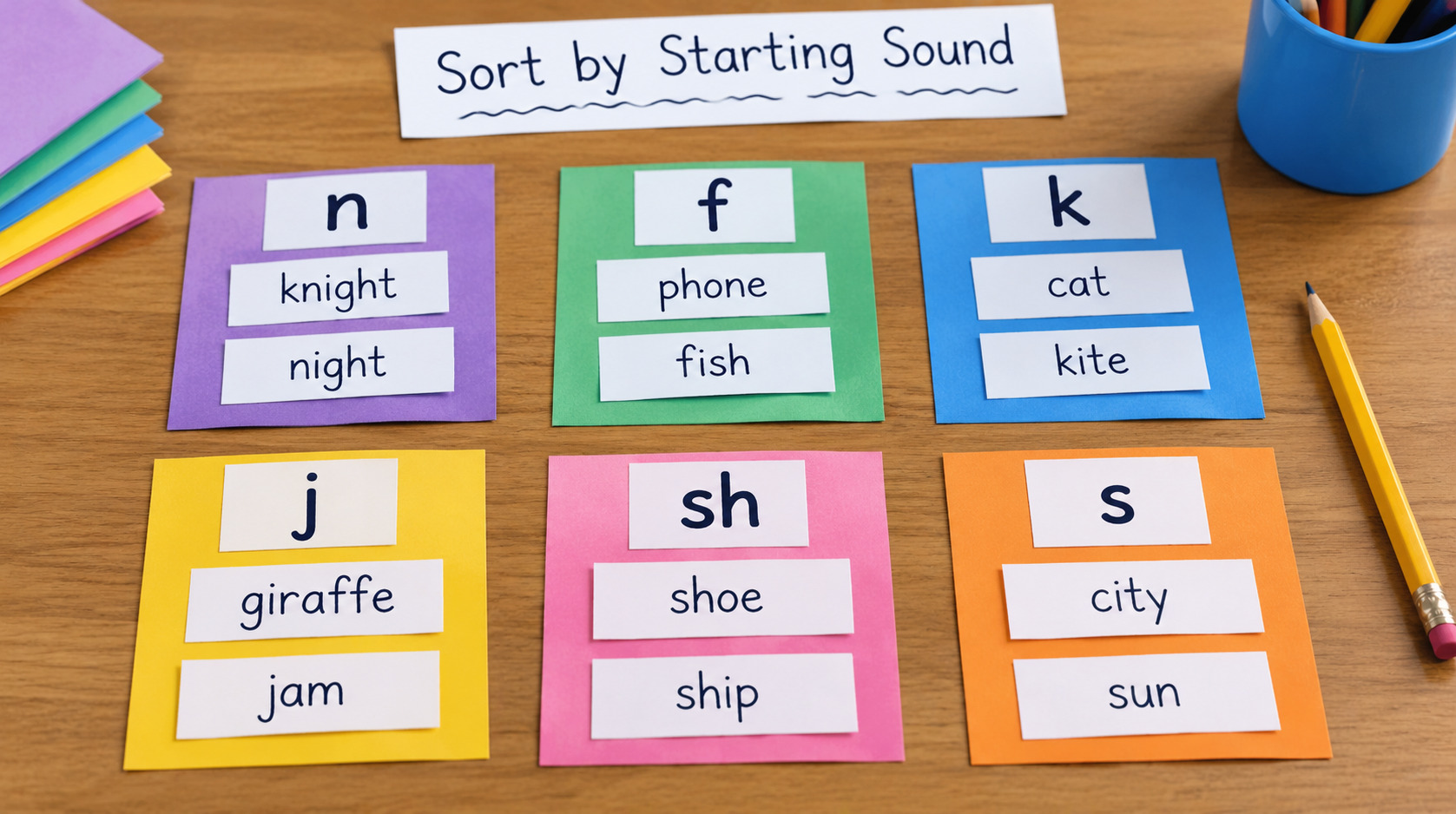 Word cards sorted into groups by starting sound on a classroom table. File Name-sort-words-by-starting-sound