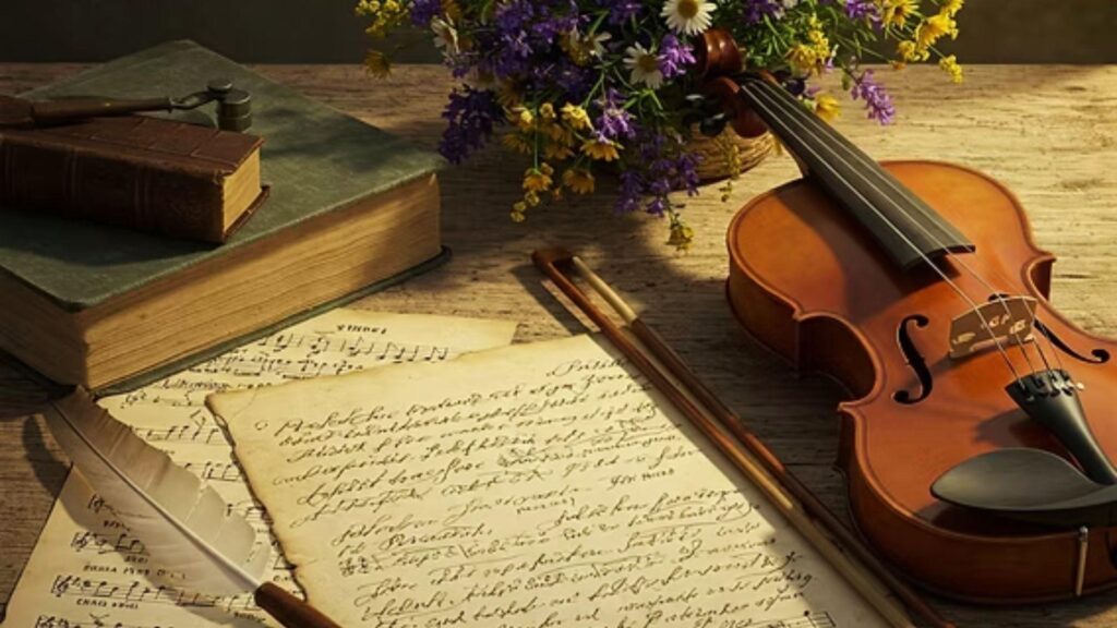 Violin with handwritten notes, antique books and wildflowers.File Name- poems-about-music-cover