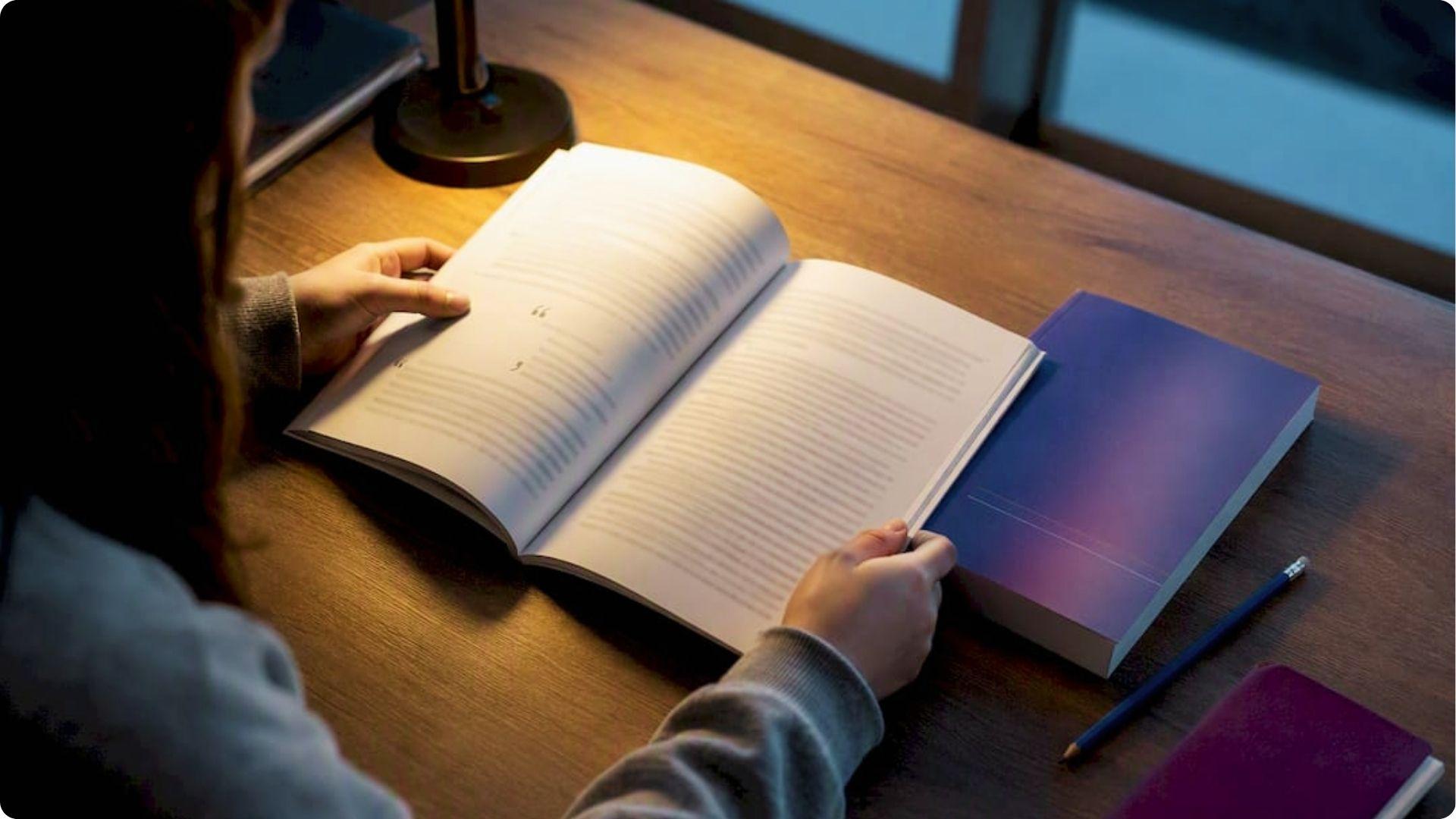 Person reading open book on wooden desk under warm desk lamp.File Name:poems-italicized-in-an-essay