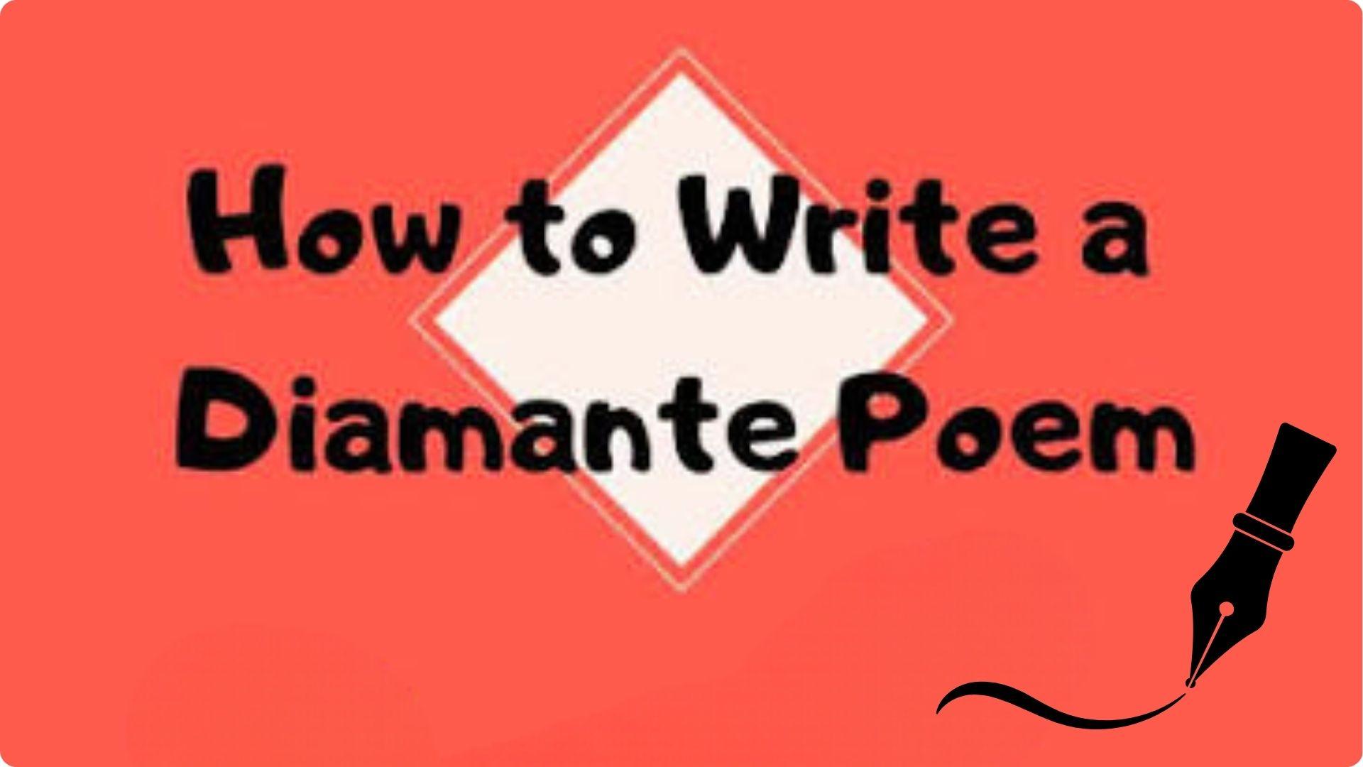 Title card 'How to Write a Diamante Poem' with white diamond and fountain pen. File name: how-to-write-diamante-poem