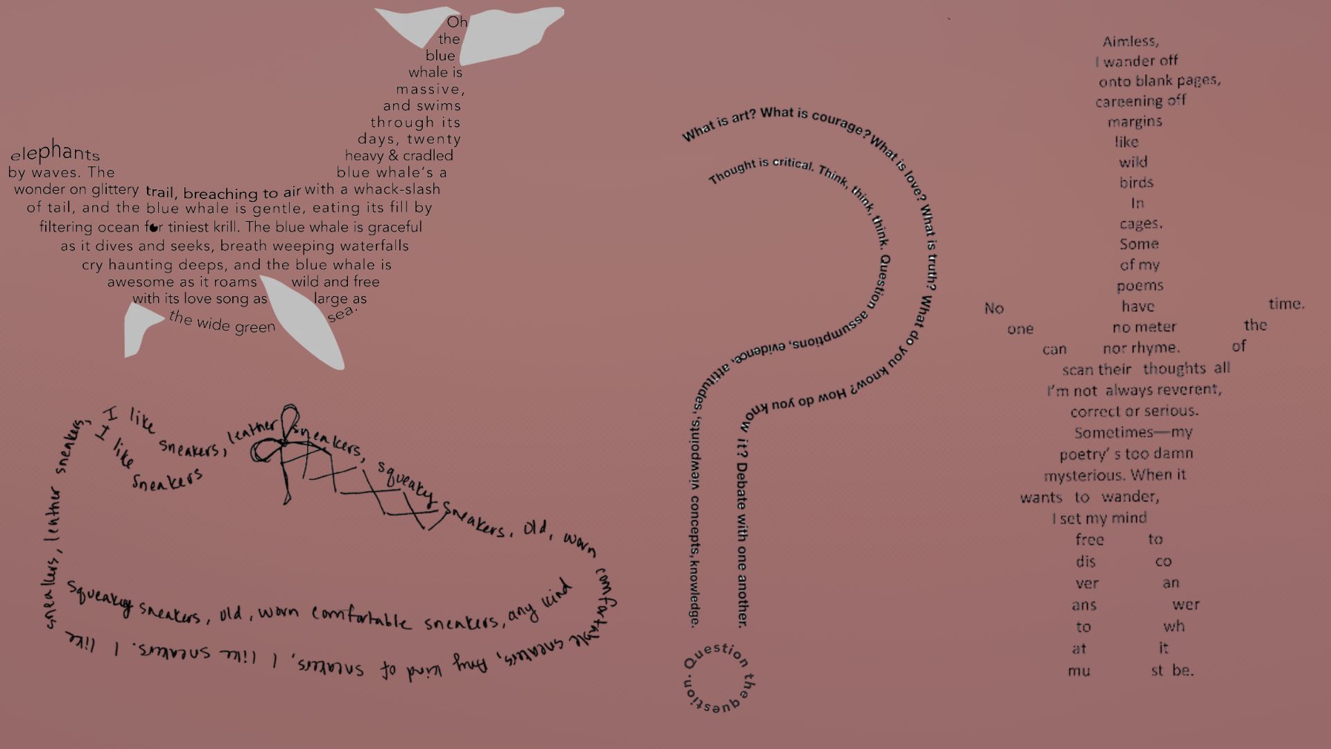 Shape poems forming whale, question mark, sneaker, and human figures made of text.File name:shape-poem-ideas