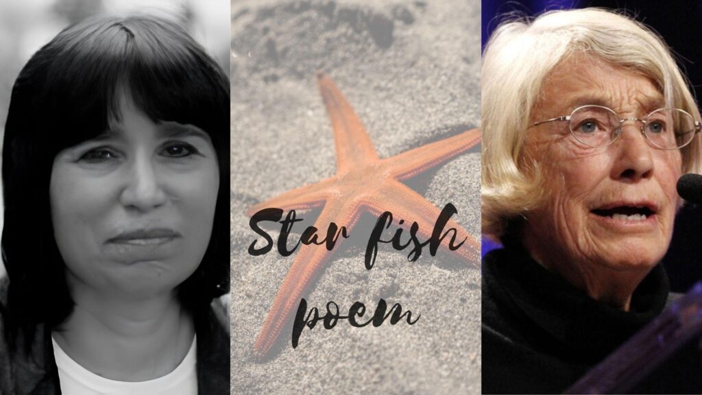 Three-panel graphic with black and white woman on left, orange starfish on sand with text Starfish poem center, older woman speaking rightFile name:star-fish-poem-triptych-starfish-on-sand-with-authors
