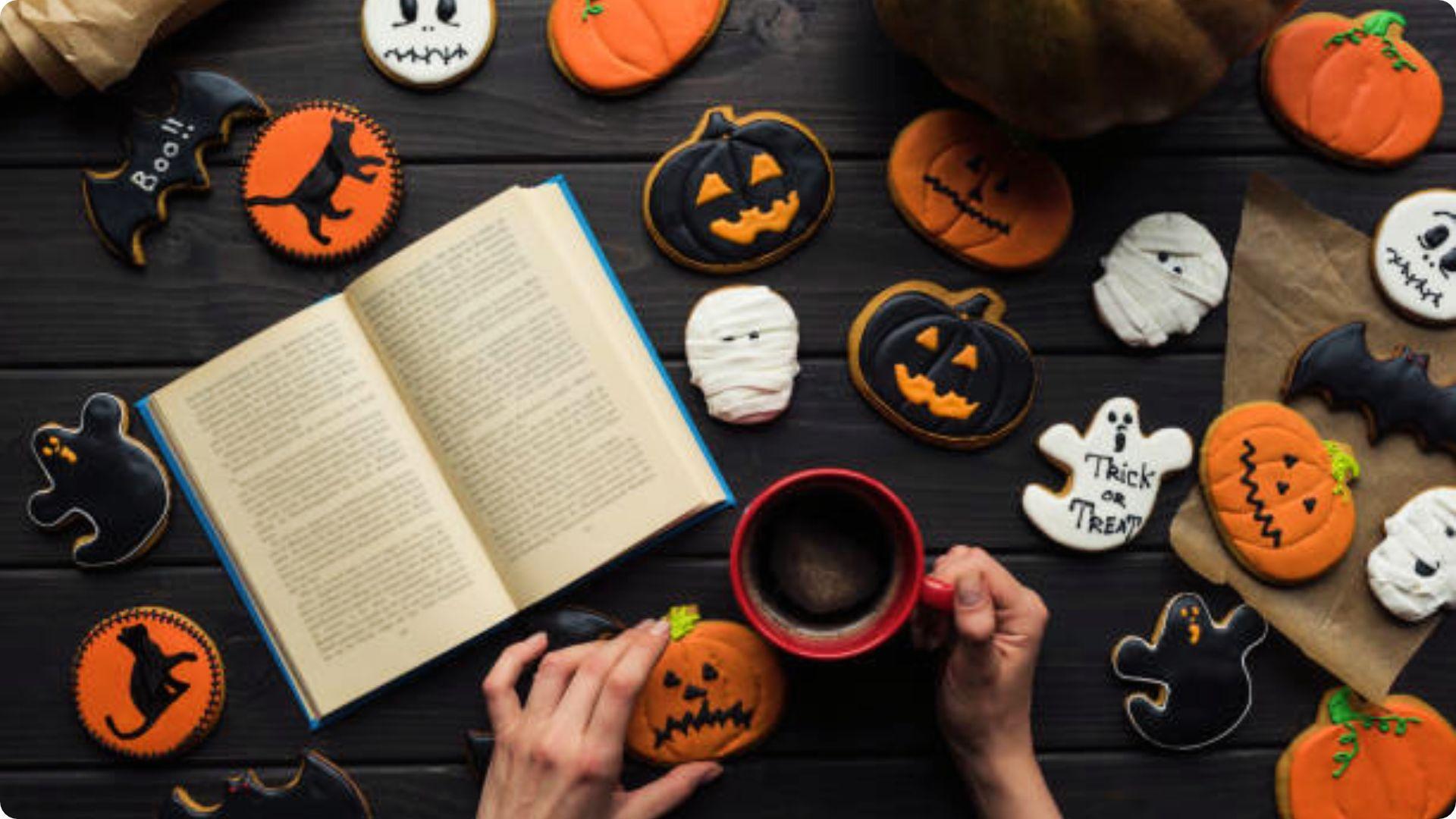 Halloween cookies shaped as ghosts and pumpkins surround a book and coffee. File name-short-halloween-poems