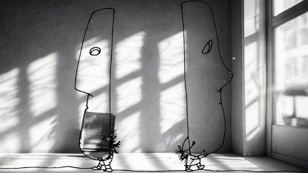 Two small figures carrying oversized face masks in sunlight. File Name-masks-by-silverstein