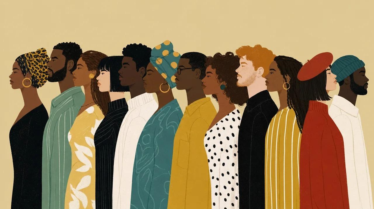 Twelve people of diverse backgrounds standing in profile line illustration on beige background