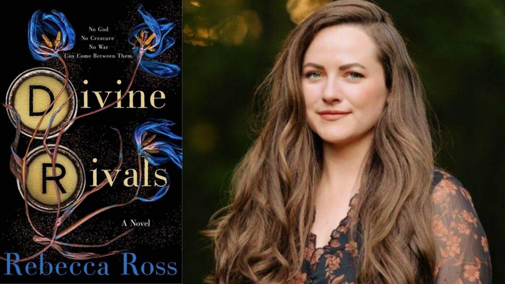 Divine Rivals novel cover beside author Rebecca Ross with long brown hair