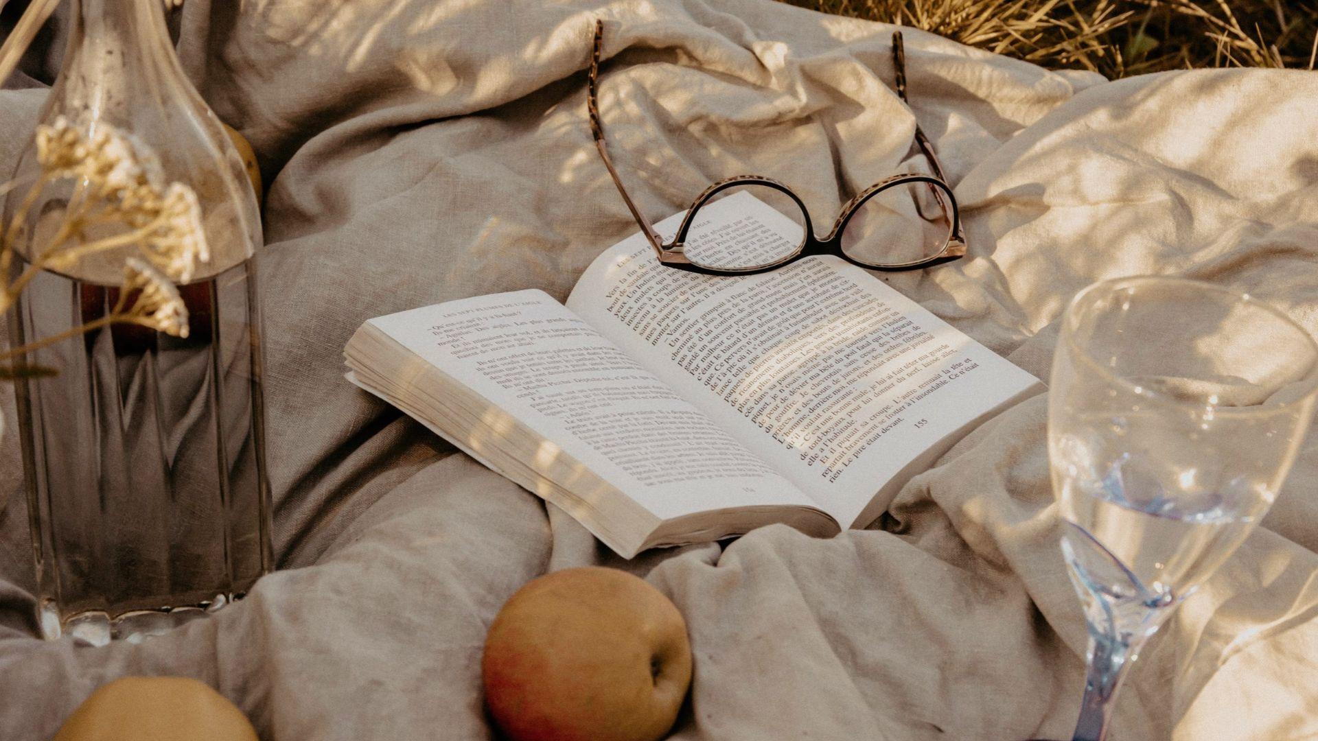 Open book on picnic blanket with pears and glasses.