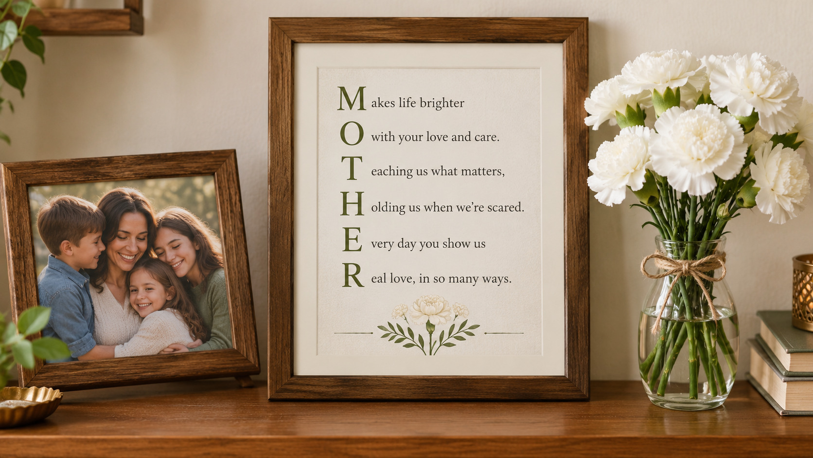 Framed MOTHER acrostic poem with a family photo.