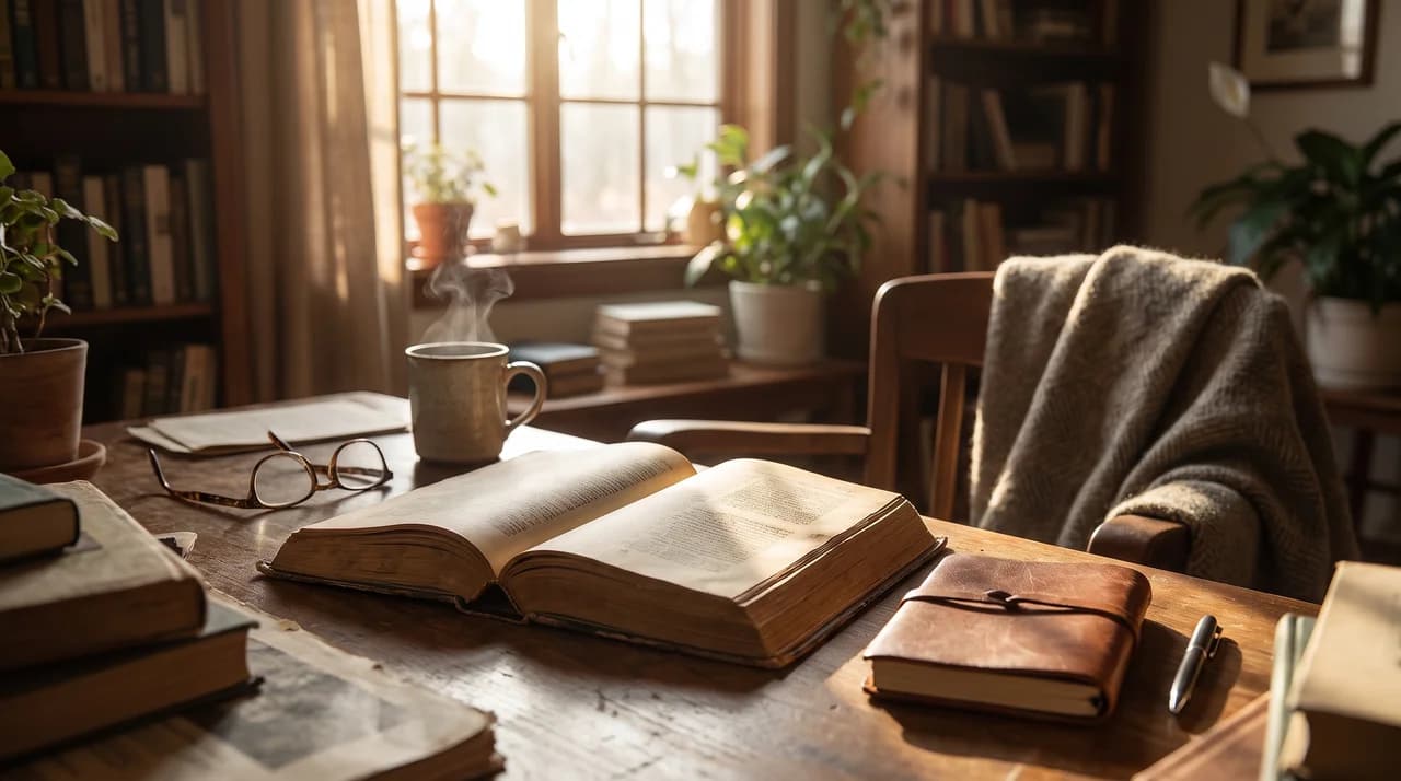 Open book in a peaceful reading space symbolizing reflection on an inspirational passage.