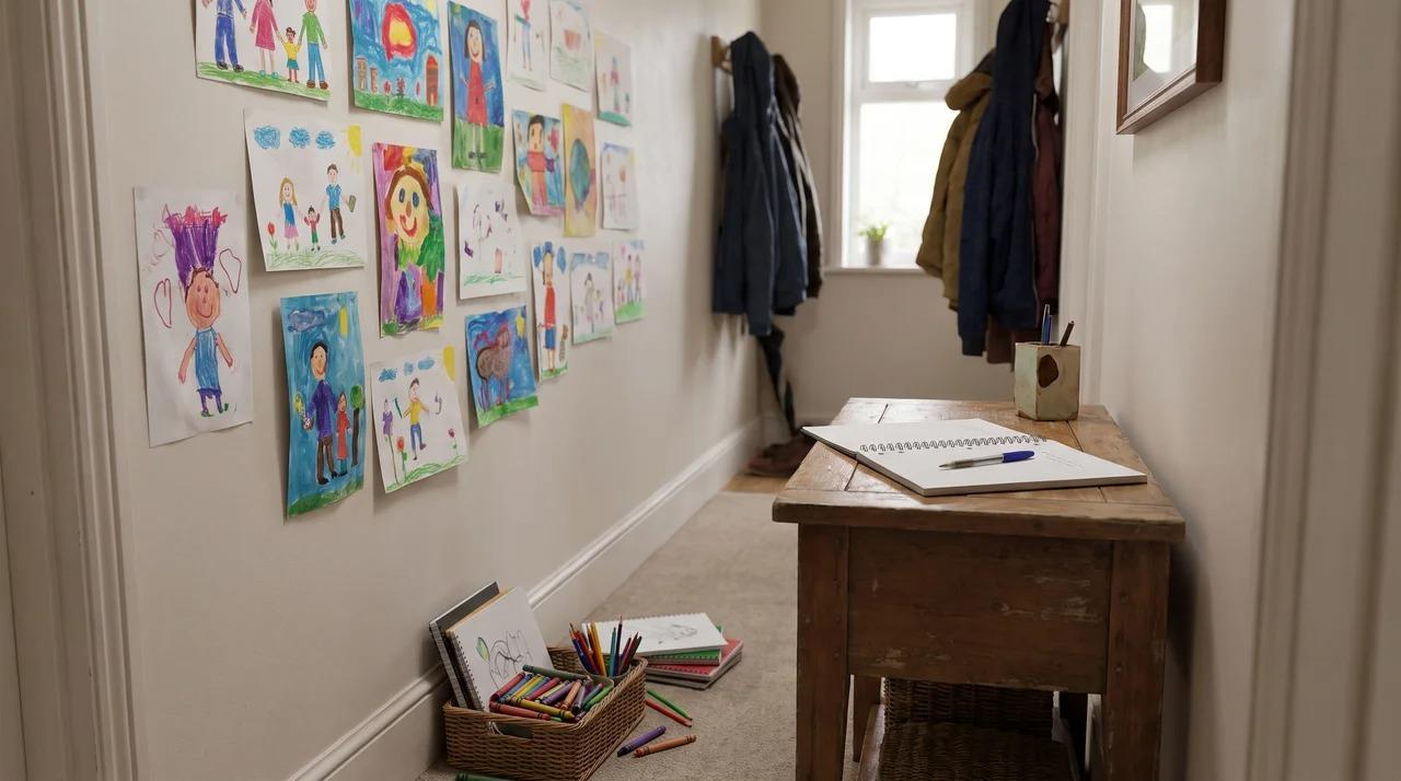 Children's artwork displayed in a family home beside drawing supplies.