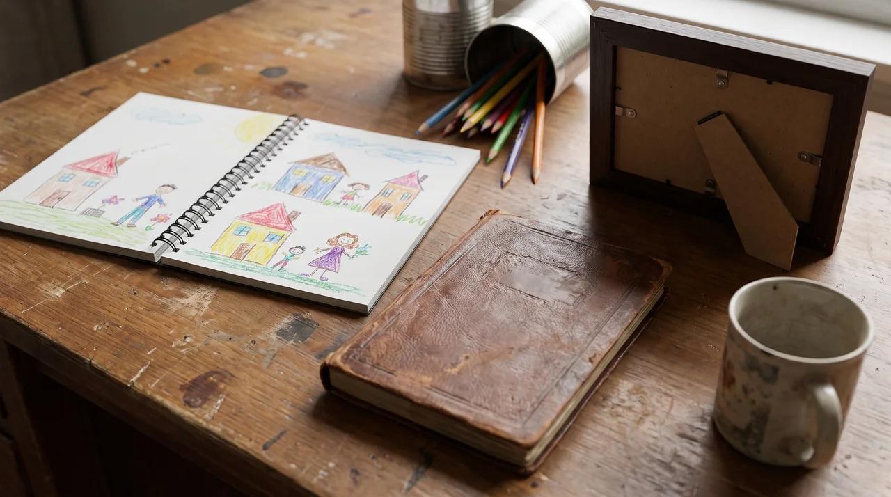 Sketchbook and journal placed together on a wooden desk.